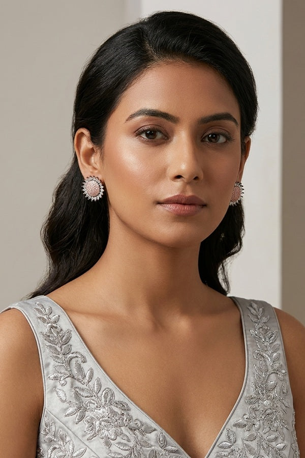 Flower Studs With Small American Diamonds In Silver Colour