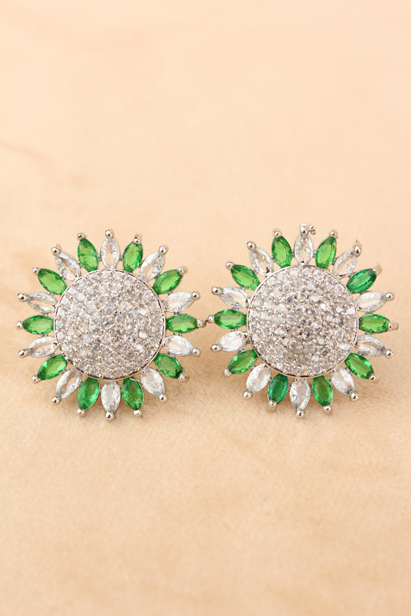 Flower Studs With Small American Diamonds In Green Colour (ST010-G-B1)