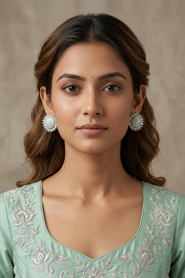 Flower Studs With Small American Diamonds In Mint Green Colour