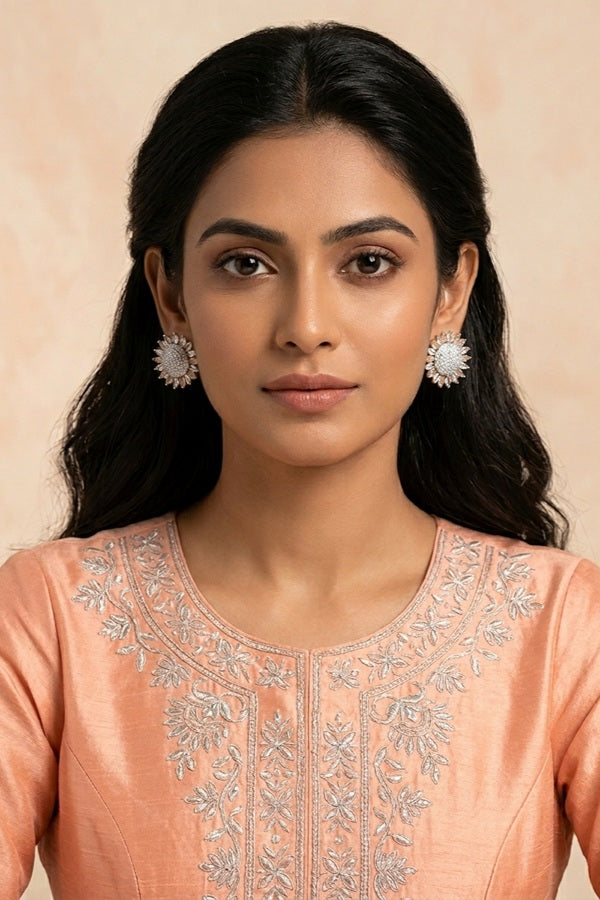 Flower Studs With Small American Diamonds In Peach Colour