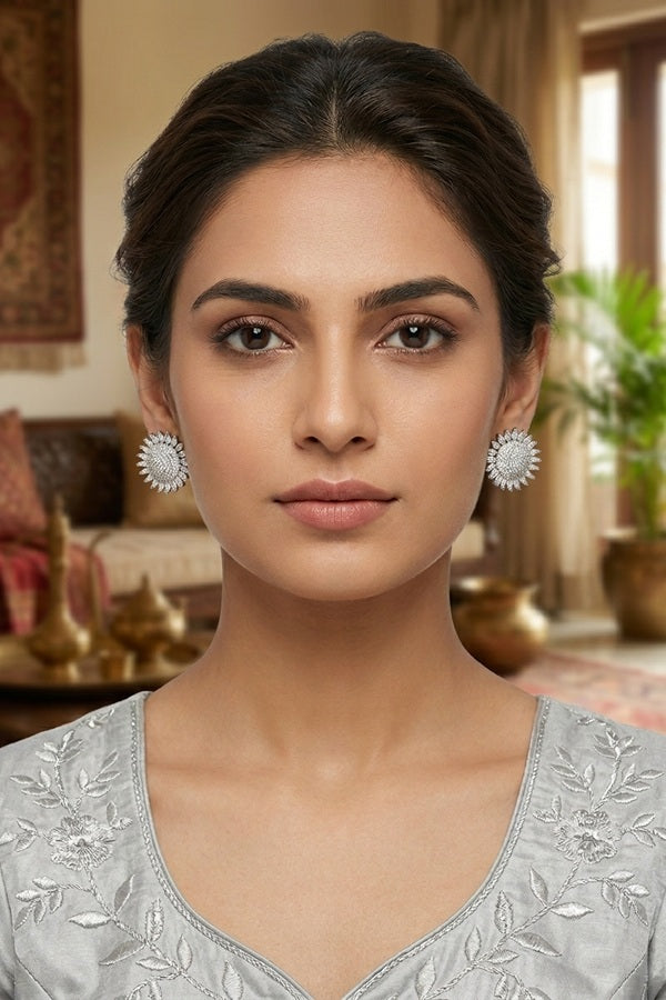 Flower Studs With Small American Diamonds In Silver Colour