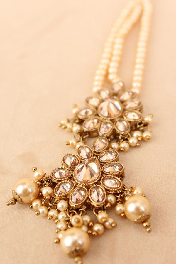 Tikka With Reverse AD Stones In Gold Colour And Beads Attached Also Pearls (T001-GO-Polki)