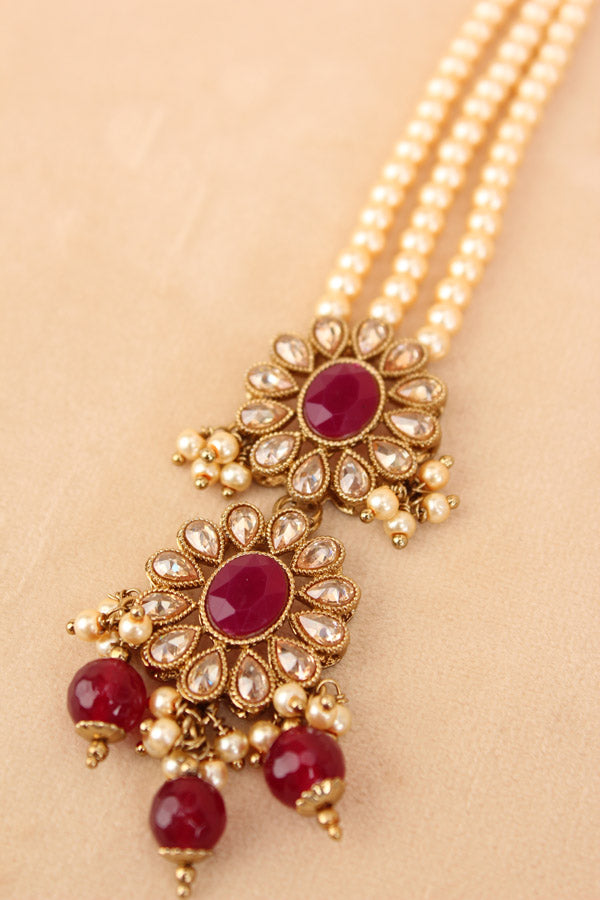 Tikka With Reverse AD Stones In Ruby Colour And Beads Attached Also Pearls (T001-RU-Polki)