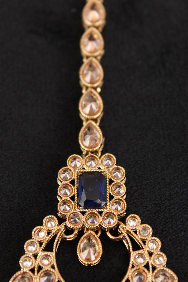 Reverse AD Tikka With Colourful Stones And Pearls With Center Blue Stone (T002-B-Polki)
