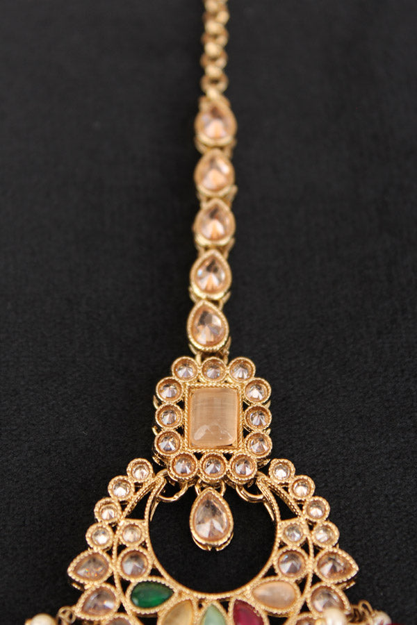Reverse AD Tikka With Colourful Stones And Pearls With Center Peach Stone (T002-PE-Polki)
