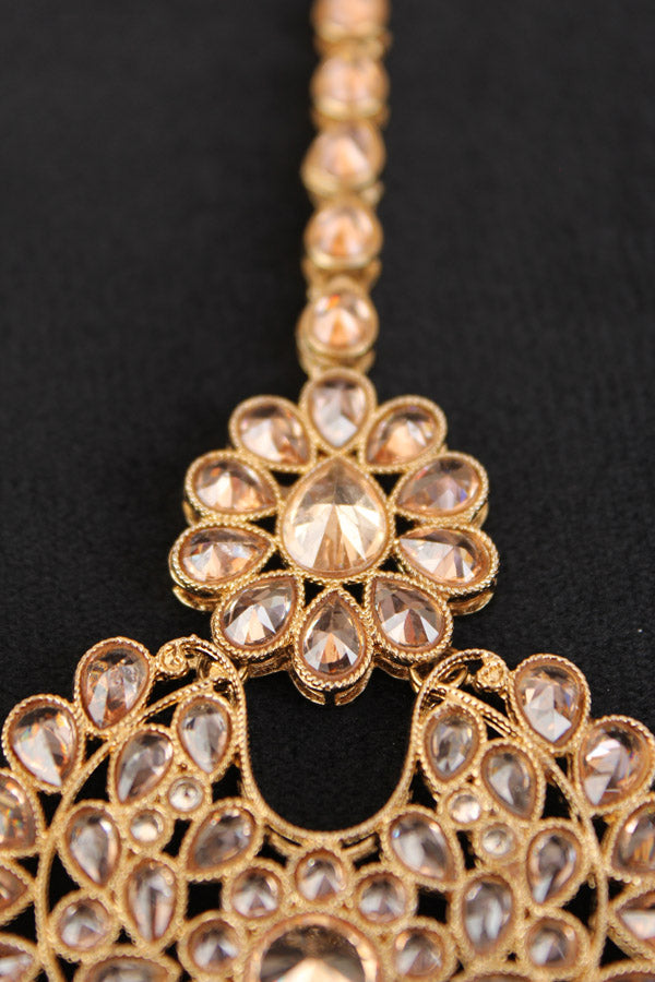 Heavy Look Tikka With Polki Stones With Golden Beads And Pearls Attached (T003-GO-Polki)