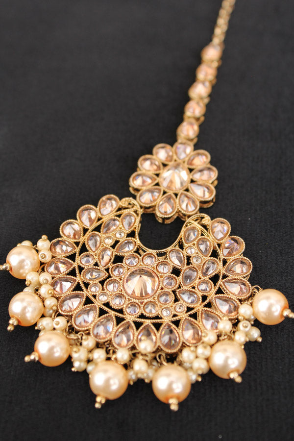Heavy Look Tikka With Polki Stones With Golden Beads And Pearls Attached (T003-GO-Polki)