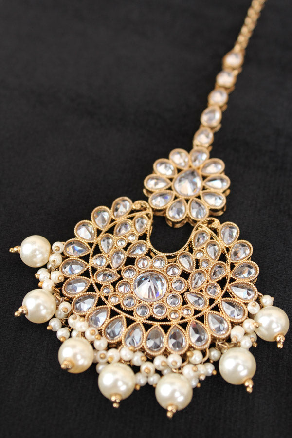 Heavy Look Tikka With Polki Stones With White Beads And Pearls Attached (T003-W-Polki)
