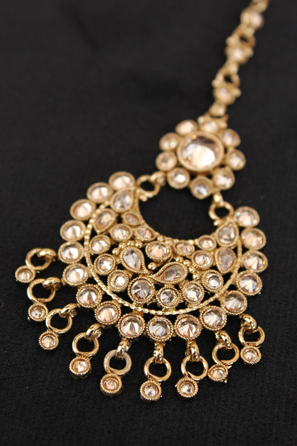Mehndi Polish Tikka With Reverse AD stones And Small Pendants Attached (T004-GO-Polki)