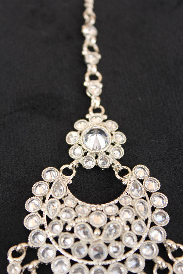 Silver Polish Tikka With Reverse AD stones And Small Pendants Attached (T004-S-Polki)
