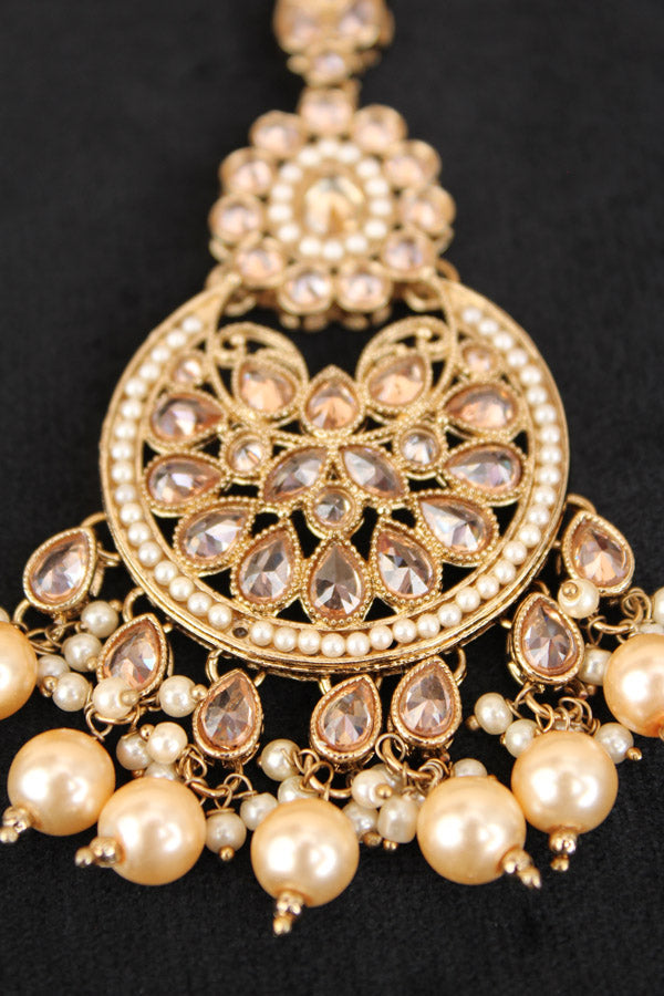 Tikka In Mehndi Polish With Reverse AD stones Also With Golden Pearls And Beads Attached (T006-GO-Polki)