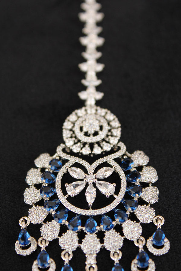 Premium Quality Silver Polish Tikka With American Diamonds And Blue Stones (T007-B-AD)