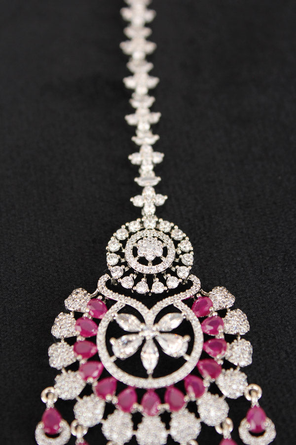 Premium Quality Silver Polish Tikka With American Diamonds And Ruby Stones (T007-RU-AD)