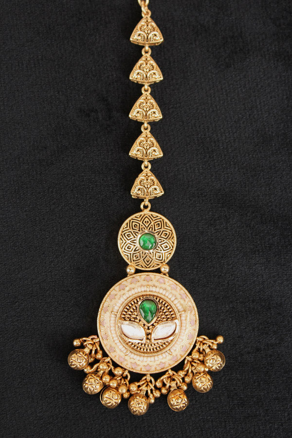 Gold Polish Tikka With Kundan And Meenakari With Center Green Stone (T007-G-K)