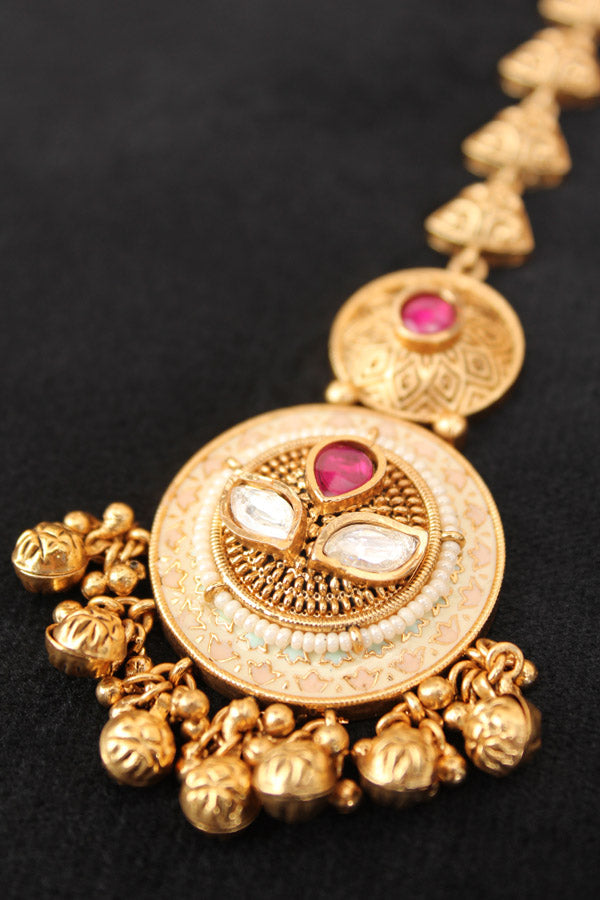 Gold Polish Tikka With Kundan And Meenakari With Center Ruby Stone (T007-R-K)