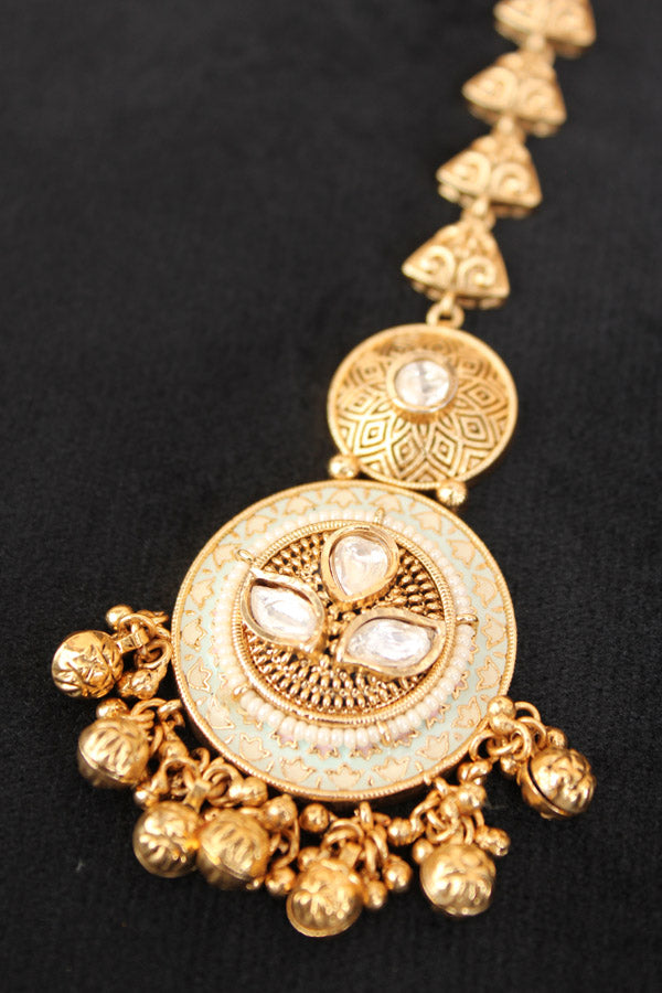 Gold Polish Tikka With Kundan And Meenakari With Center White Stone (T007-W-K)
