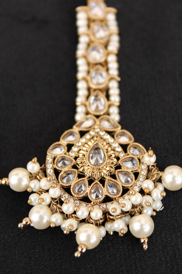 Small Tikka With Reverse AD Stones And White Pearls And Beads (T008-W-Polki)