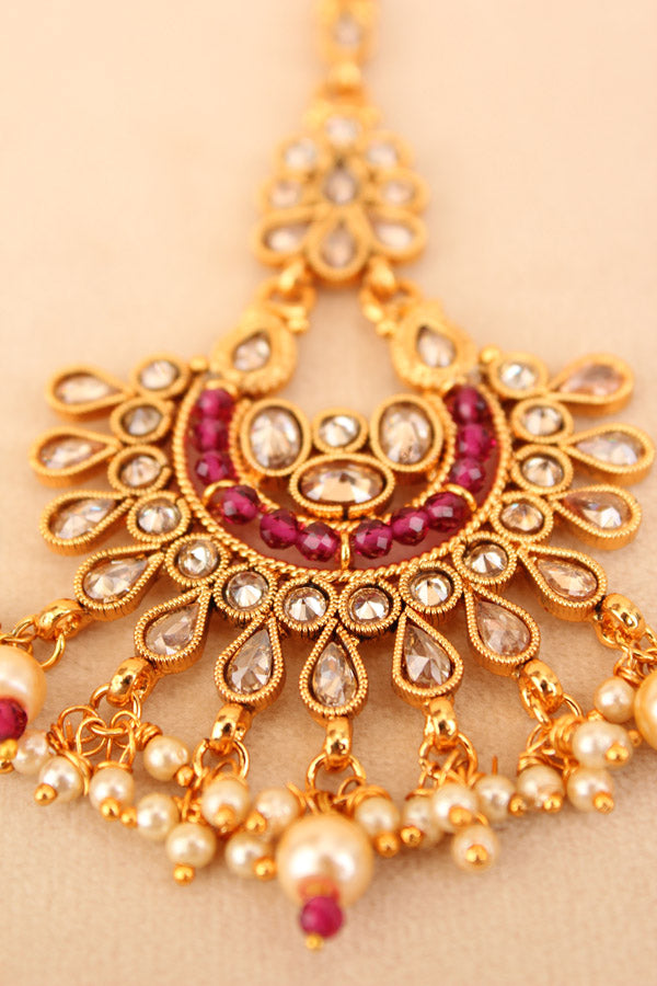 Gold Polish Tikka With Reverse AD Stones And Ruby Colour Brystal Beads (T011-Polki)