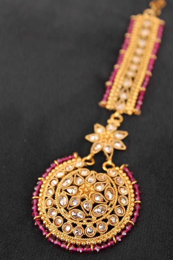Premium Quality Tikka In Gold Polish With Polki Stones And Crystal Beads (T013-Polki)