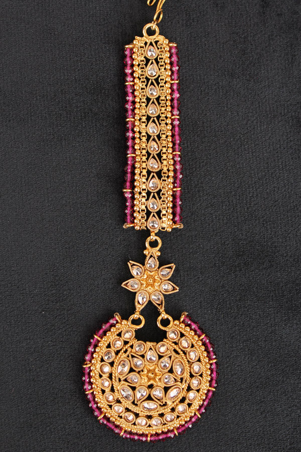Premium Quality Tikka In Gold Polish With Polki Stones And Crystal Beads (T013-Polki)