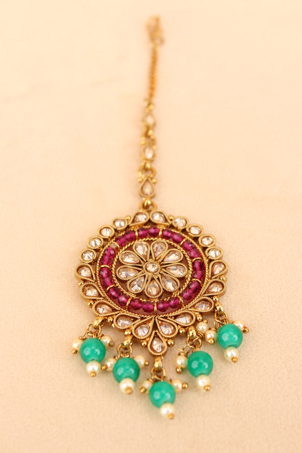 Reverse AD Tikka With Crystal Beads And Pearls In Premium Quality (T014-Polki)