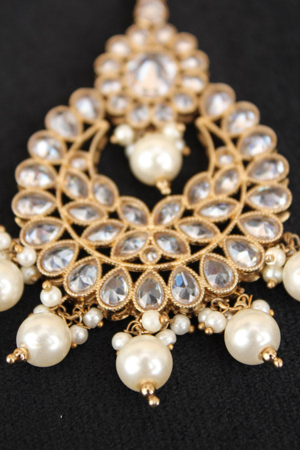 Gold Colour Tikka With Polki And Pearls (T016-GO-Polki)