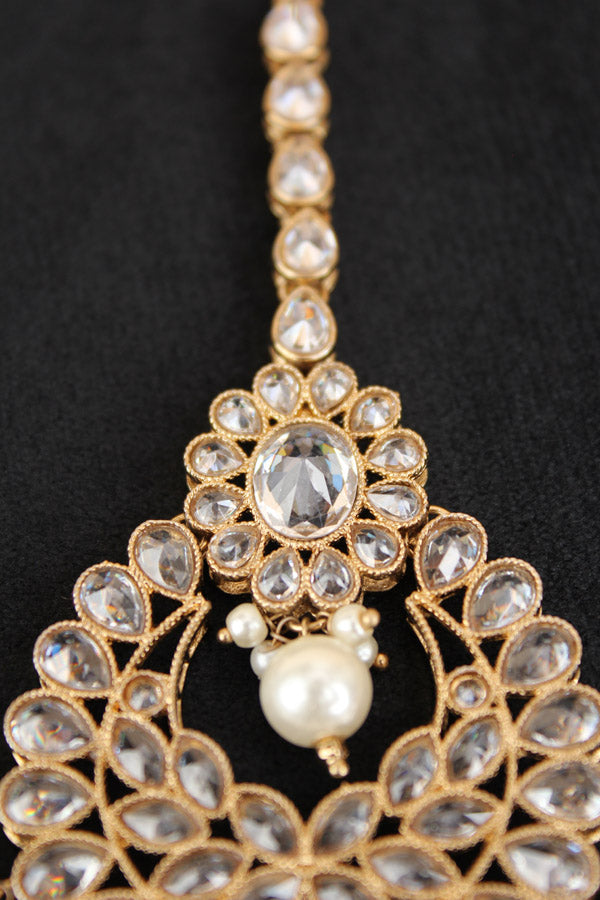 Gold Colour Tikka With Polki And Pearls (T016-GO-Polki)