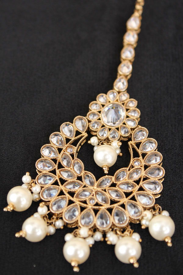 Gold Colour Tikka With Polki And Pearls (T016-GO-Polki)