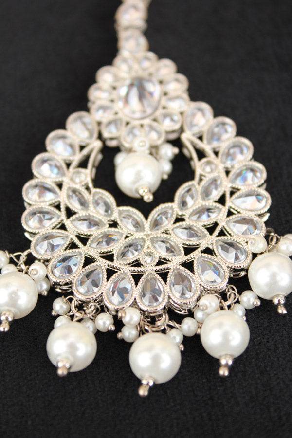 Silver Colour Tikka With Polki And Pearls (T016-S-Polki)