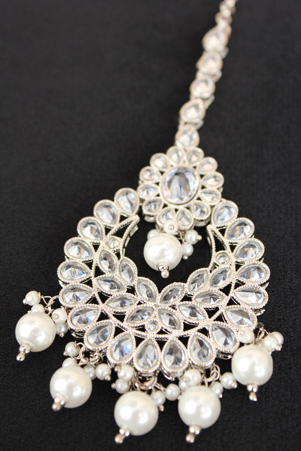 Silver Colour Tikka With Polki And Pearls (T016-S-Polki)