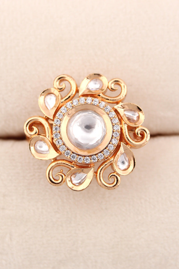 A Small And Adjustable Premium Quality Kundan Flower Ring In A Twirl Design And Small American Diamonds (KR007)