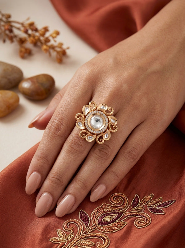 A Small And Adjustable Premium Quality Kundan Flower Ring In A Twirl Design And Small American Diamonds (KR007)