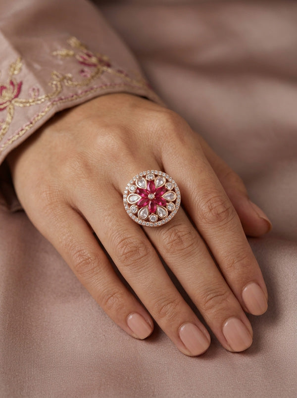 A Small And Adjustable Premium Quality Statement Ring With Ruby Colour Stones (KR009-RU)