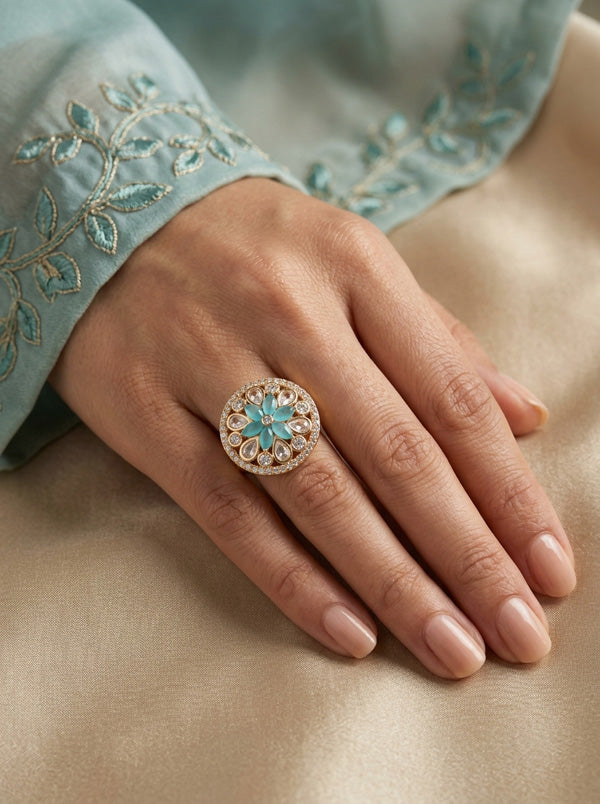 A Small And Adjustable Premium Quality Statement Ring With Sky Blue Colour Stones (KR009-SB)