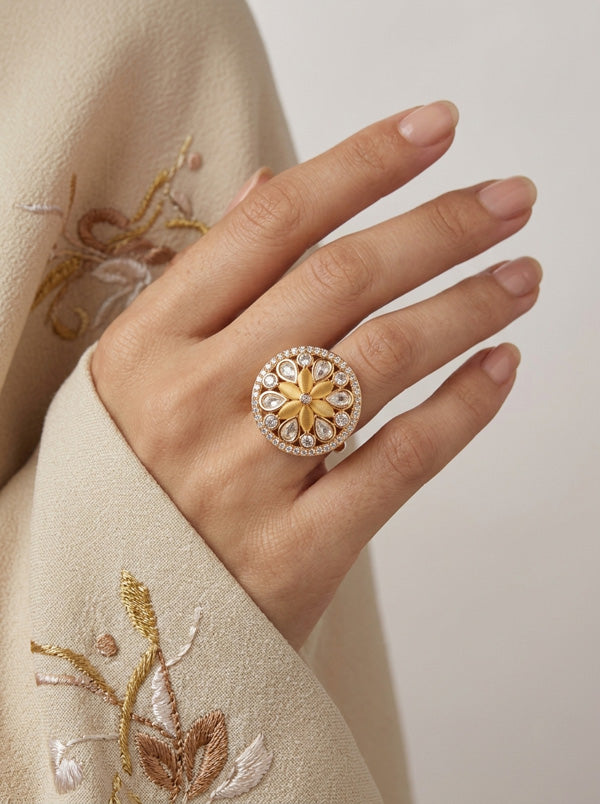 A Small And Adjustable Premium Quality Statement Ring With Yellow Colour Stones (KR009-Y)