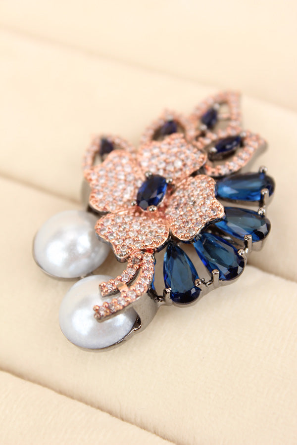 Adjustable American Diamond Ring With Flower Design And Pearls Attached In Blue (ADR003-B)