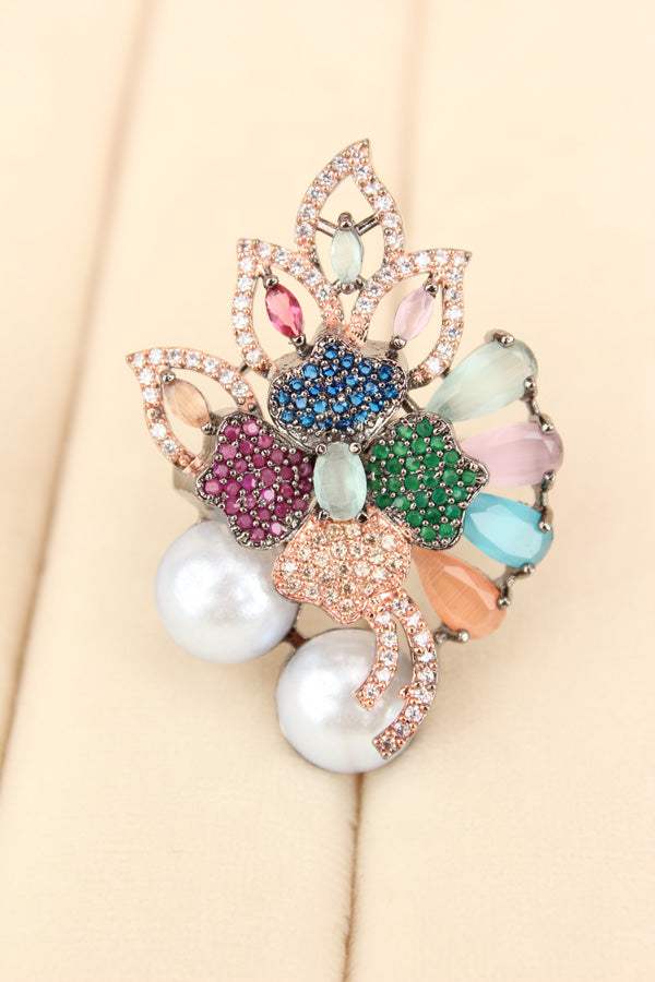Adjustable American Diamond Ring With Flower Design And Pearls Attached In Multi Colour (ADR003-MU)