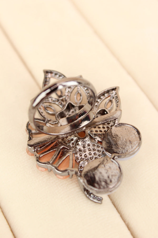 Adjustable American Diamond Ring With Flower Design And Pearls Attached In Peach (ADR003-PE)