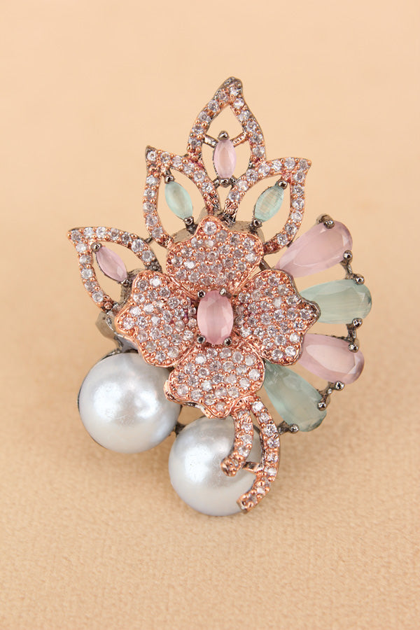 Adjustable American Diamond Ring With Flower Design And Pearls Attached In Pink And Mint Green (ADR003-PMG)