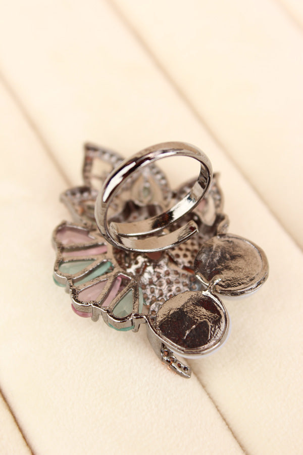 Adjustable American Diamond Ring With Flower Design And Pearls Attached In Pink And Mint Green (ADR003-PMG)
