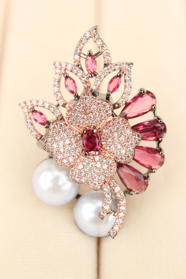 Adjustable American Diamond Ring With Flower Design And Pearls Attached In Ruby (ADR003-RU)
