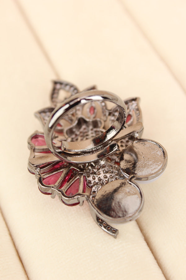 Adjustable American Diamond Ring With Flower Design And Pearls Attached In Ruby (ADR003-RU)