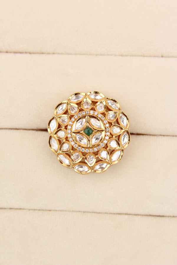 Adjustable Premium Quality Ring With Kundan And Green Center Stone (KR004-G)