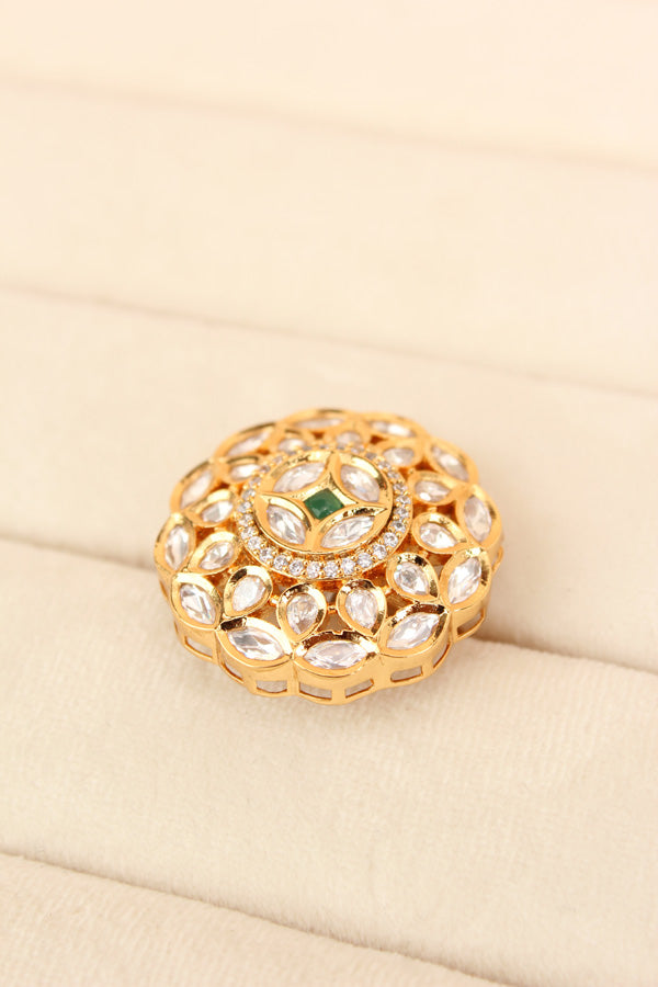 Adjustable Premium Quality Ring With Kundan And Green Center Stone (KR004-G)