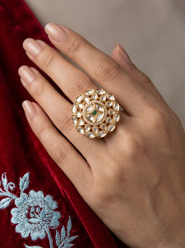 Adjustable Premium Quality Ring With Kundan And Green Center Stone (KR004-G)