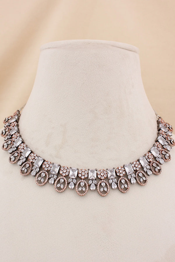 American Diamond Necklace Set In Silver Polish And Pink Colour Stones With Medium Large Danlger Earrings (NS001-AD-P)
