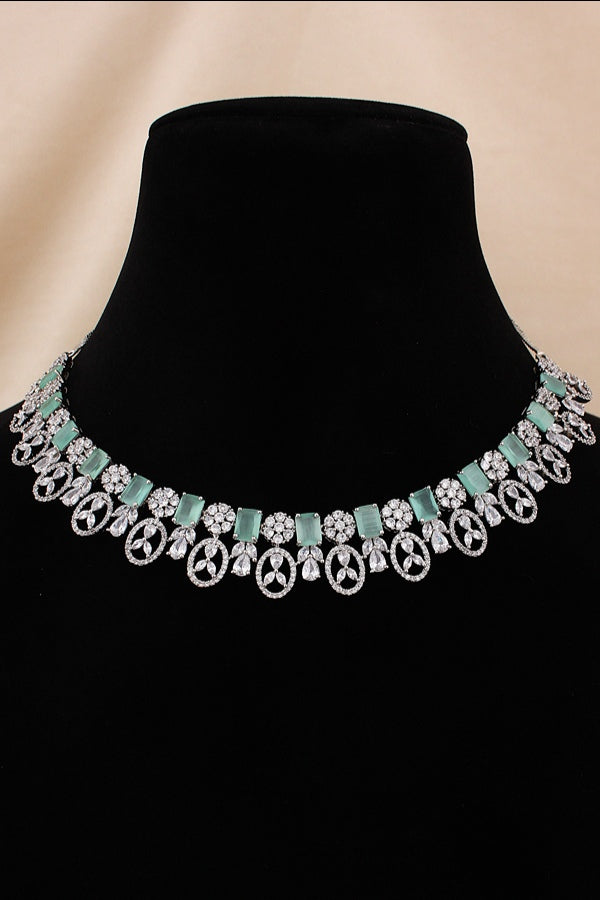 American Diamond Necklace Set In Black And Rosegold Polish And White Colour Stones With Medium Large Danlger Earrings (NS001-AD-RO)