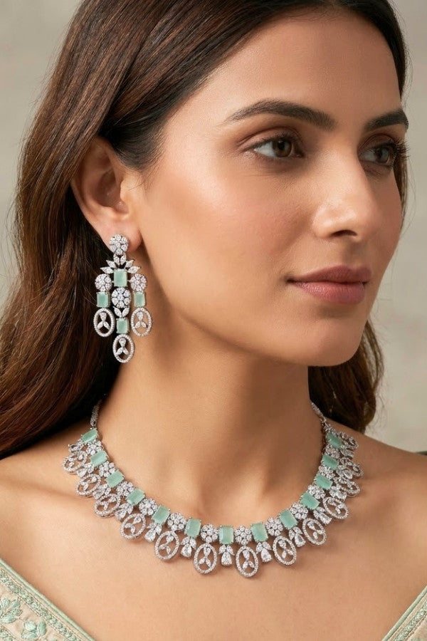 American Diamond Necklace Set In Black And Rosegold Polish And White Colour Stones With Medium Large Danlger Earrings (NS001-AD-RO)