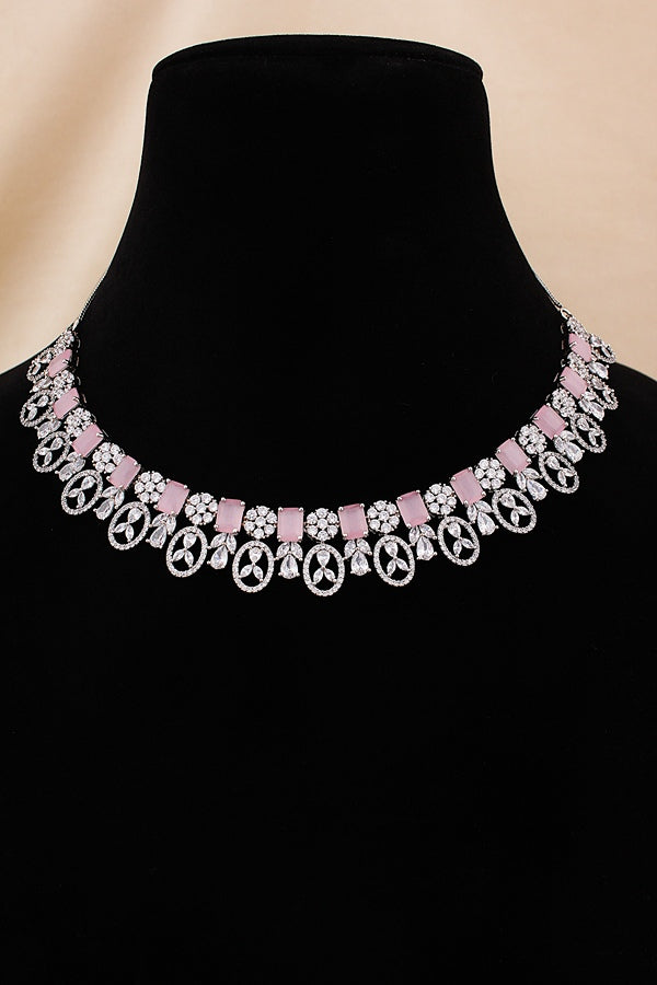 American Diamond Necklace Set In Silver Polish And Yellow Colour Stones With Medium Large Danlger Earrings (NS001-AD-Y)