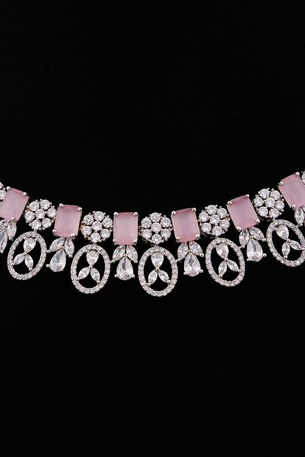 American Diamond Necklace Set In Silver Polish And Yellow Colour Stones With Medium Large Danlger Earrings (NS001-AD-Y)